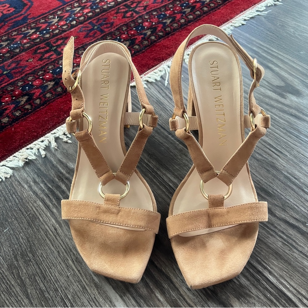 Stuart Weitzman Lalita Tan Suede Square Toe Block Heel Sandals Size 9